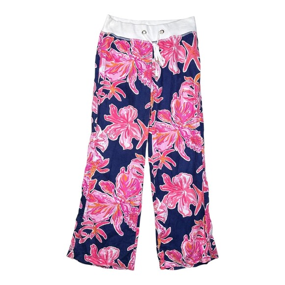 Lilly Pulitzer Pants Womens Medium Navy Pink The Beach Pant Linen Pull On Floral - Picture 1 of 11
